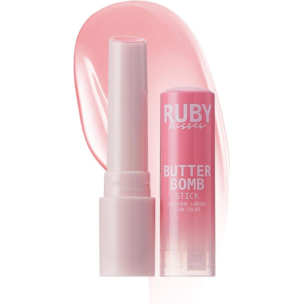 Ruby Kisses Butter Bomb Lip Balm, High Shine Tinted Lip Gloss, Ultra Hydrating Melting Lipstick With Shea Butter for Plumped Look, Lightweight Buildable Color With Glowy Glass Finish (Pink Sugar)