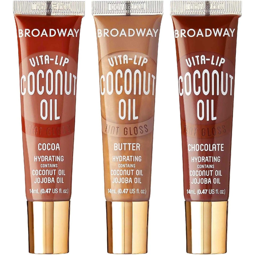 Ruby Kisses Broadway Vita-Lip Tinted Lip Gloss Set (3 Pack Cocoa, Butter, Chocolate) Ultra-Hydrating Coconut + Jojoba Oil & Soothing Formula with Vitamins, High-Shine Non-Sticky Finish Lip Balm