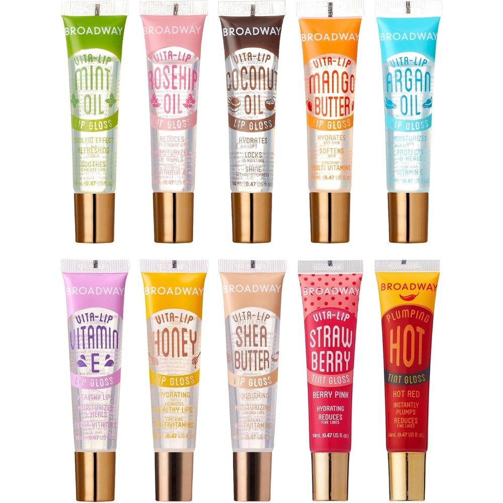 Ruby Kisses Broadway Vita-Lip Tinted & Clear Lip Gloss (10 Pack) Ultra-Hydrating & Soothing Formula, High-Shine Non-Sticky Lip Balm with Mint, Rosehip, Coconut, Mango, Argan, Vitamin E, Honey, Shea