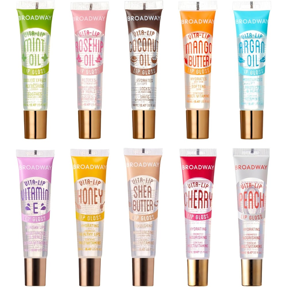 Ruby Kisses Broadway Vita-Lip Clear Lip Gloss (10 Pack), Hydrating & Soothing Formula with Vitamin, High-Shine Non-Sticky Lip Balm with Mint, Rosehip, Coconut, Mango, Argan, Honey, Shea, Cherry, Peach