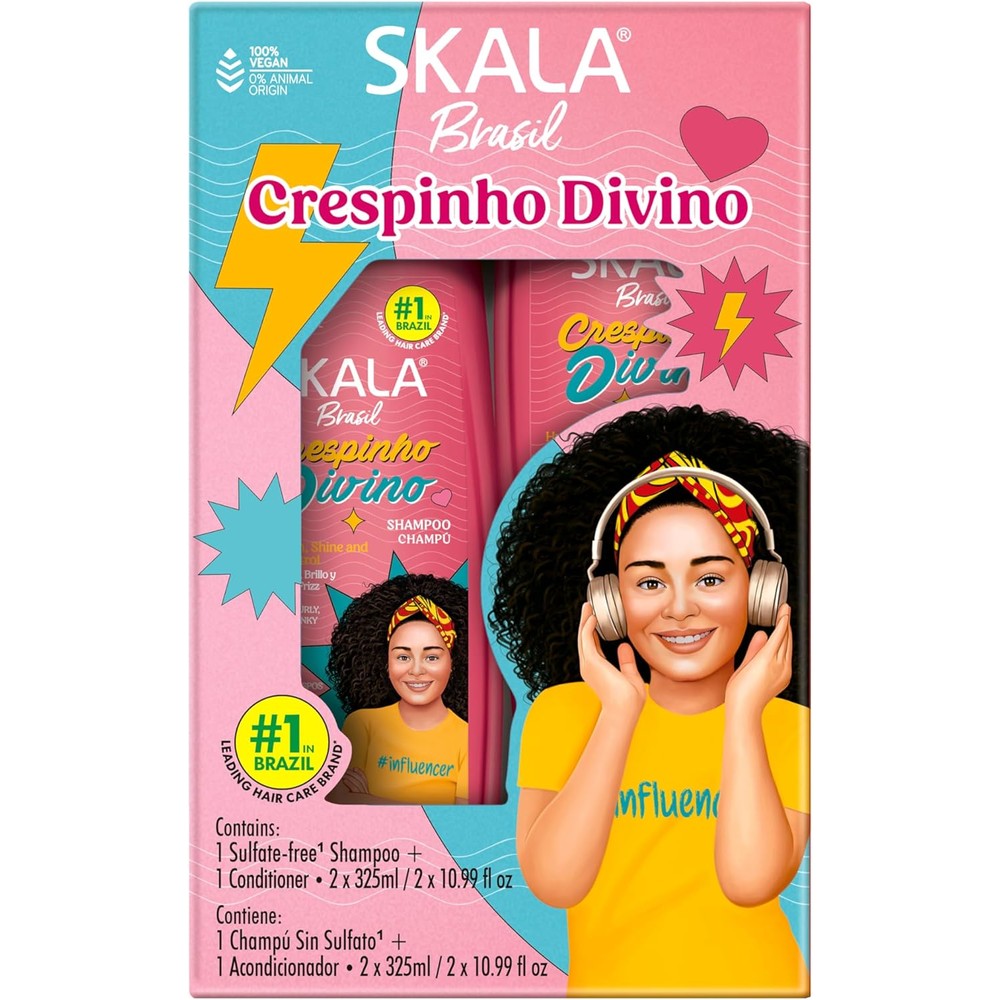 Skala Expert Crespinho Divino Kids Shampoo and Conditioner set front view with bright pink and blue packaging.