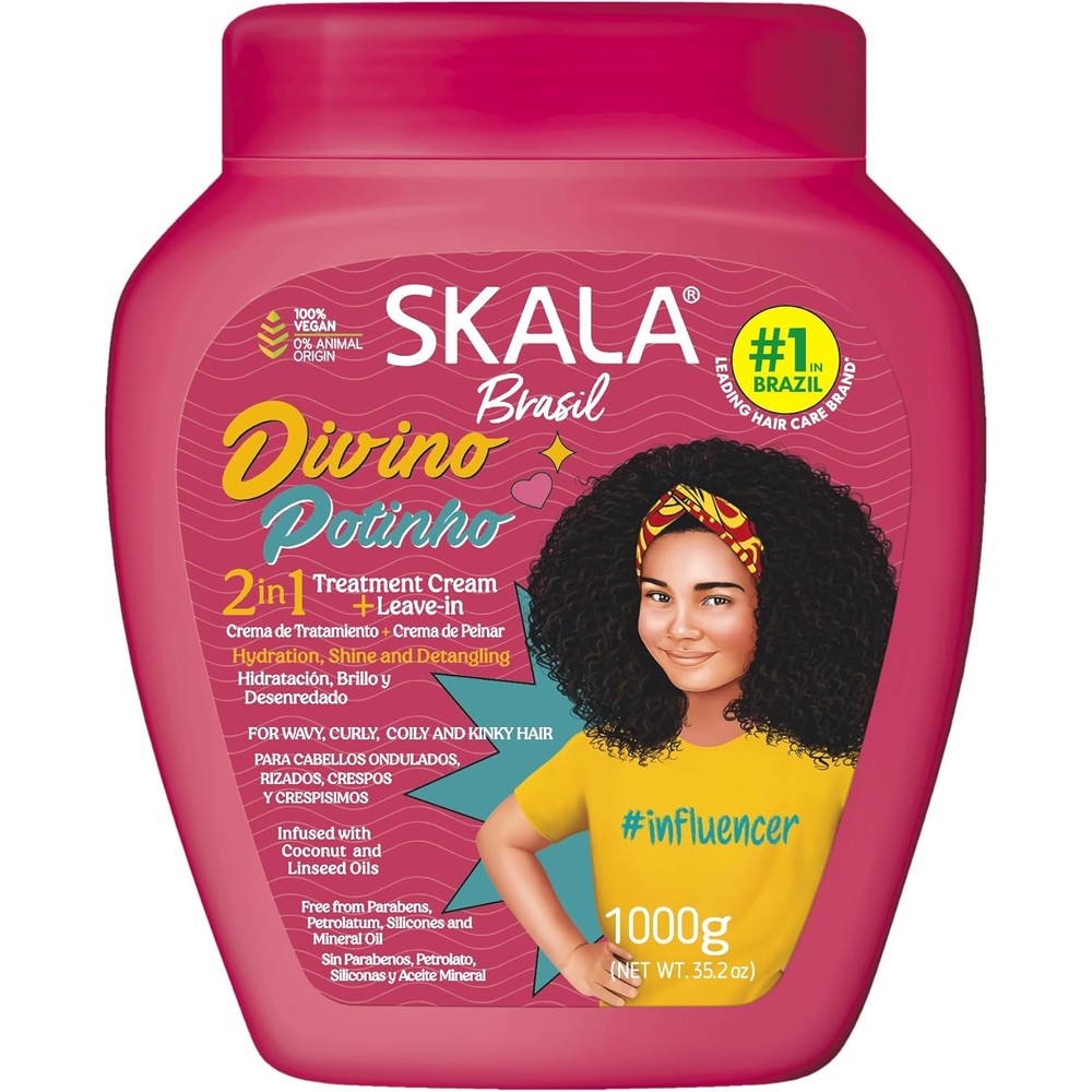 Skala Divino Potinho Kids 2 in 1 treatment cream front view pink tub for curly hair hydration.