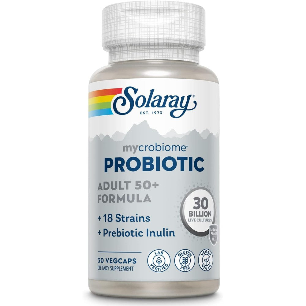 SOLARAY Mycrobiome Probiotic Adult 50 Plus Formula, Probiotics for Women and Men, Healthy Digestion, Metabolism, Energy, Colon and Urinary Tract Support, 30 Billion CFU, 30 Servings, 30 VegCaps