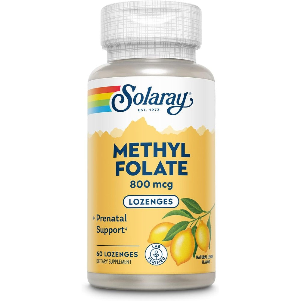 SOLARAY Methyl Folate 800 mcg - 470 mcg Folic Acid - 5-MTHF Prenatal Vitamins - Natural Lemon Flavor - Natural Sweeteners - Lab Verified - 60-Day Guarantee - 60 Servings, 60 Lozenges
