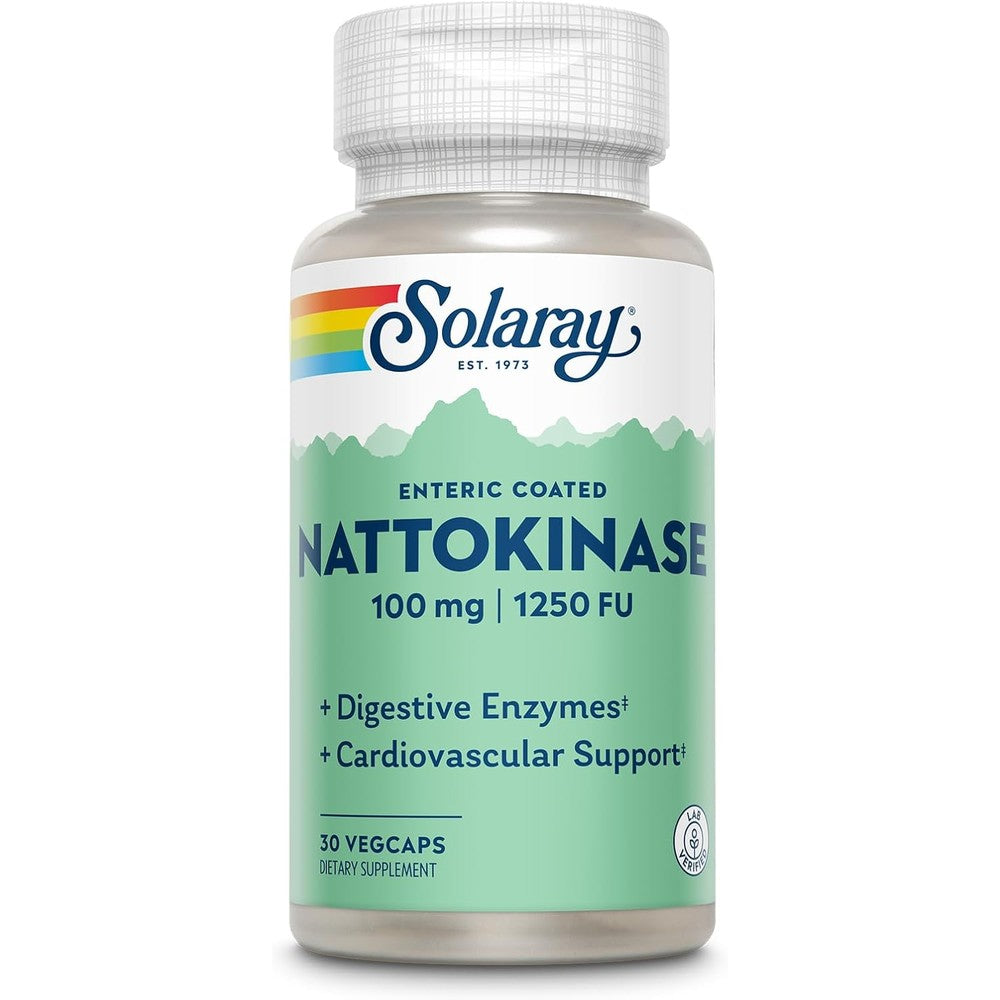 SOLARAY Nattokinase Supplement 1250 FU for Men & Women - Digestive Natto Enzymes, Heart Health & Circulation Support, Nattokinase Capsules 100 mg, Enteric Coated - 30 Veg Caps