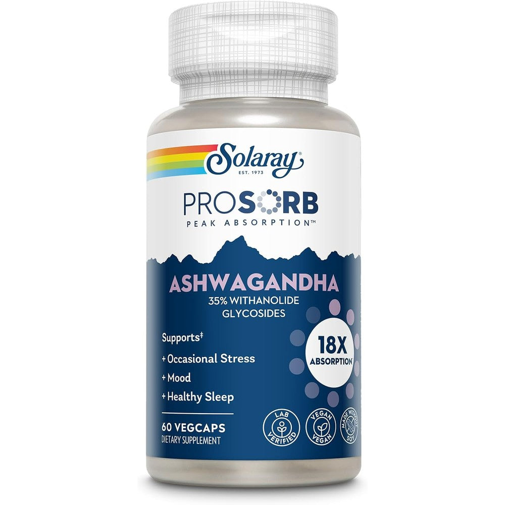 SOLARAY Ashwagandha Supplement Capsules - 18X Absorption Root & Leaf Extract 240 mg - Stress, Mood & Cortisol Support - Adaptogen Herbal Supplement - Vegan - 60 VegCaps