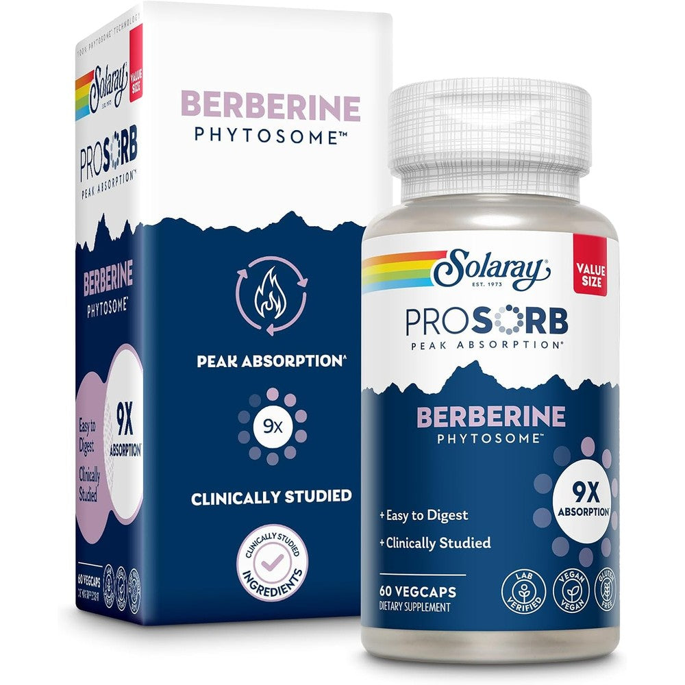 SOLARAY Berberine Phytosome - 9X Absorption and Easy-to-Digest - Standardized to 30% Berberine HCl - Vegan, Made Without Soy - 60-Day Guarantee - 60 Servings, 60 VegCaps