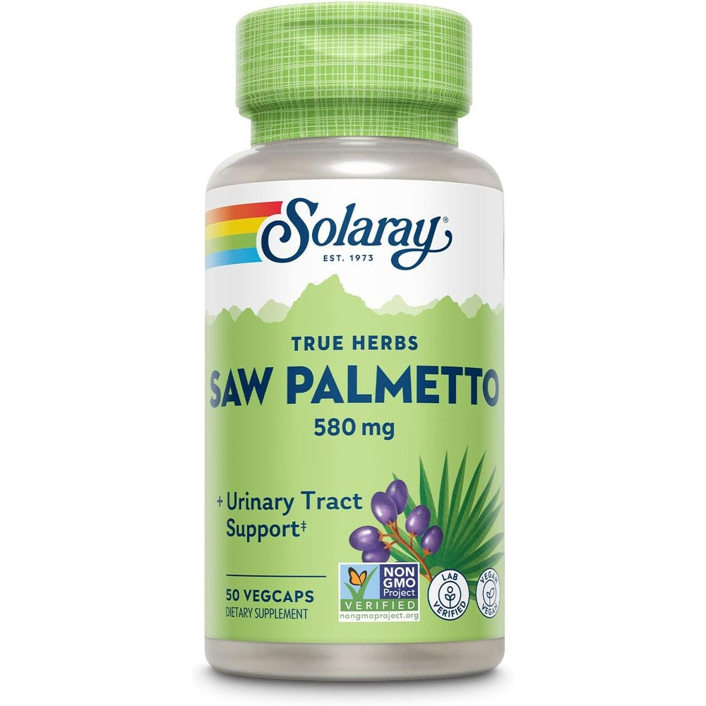 SOLARAY Saw Palmetto Berry 580 mg, Healthy Prostate and Urinary Tract Support from Fatty Acids & Plant Sterols for Men and Women, Non-GMO, Vegan & Lab Verified, 50 VegCaps, 50 Servings