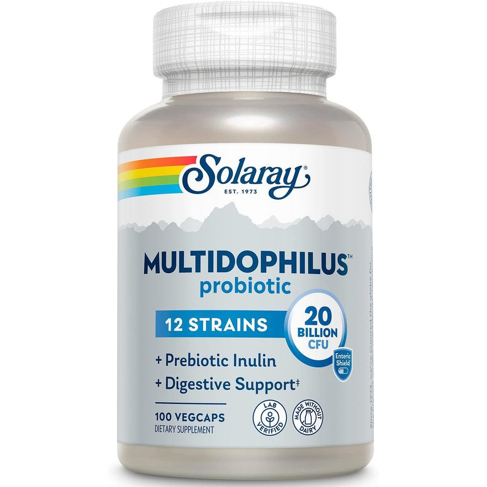 Solaray Multidophilus 12 Strain Probiotic 20 Billion CFU, Probiotics for Digestive Health for Women and Men, Daily Gut Health Support Complex with Prebiotic Inulin, No Dairy - 100 VegCaps