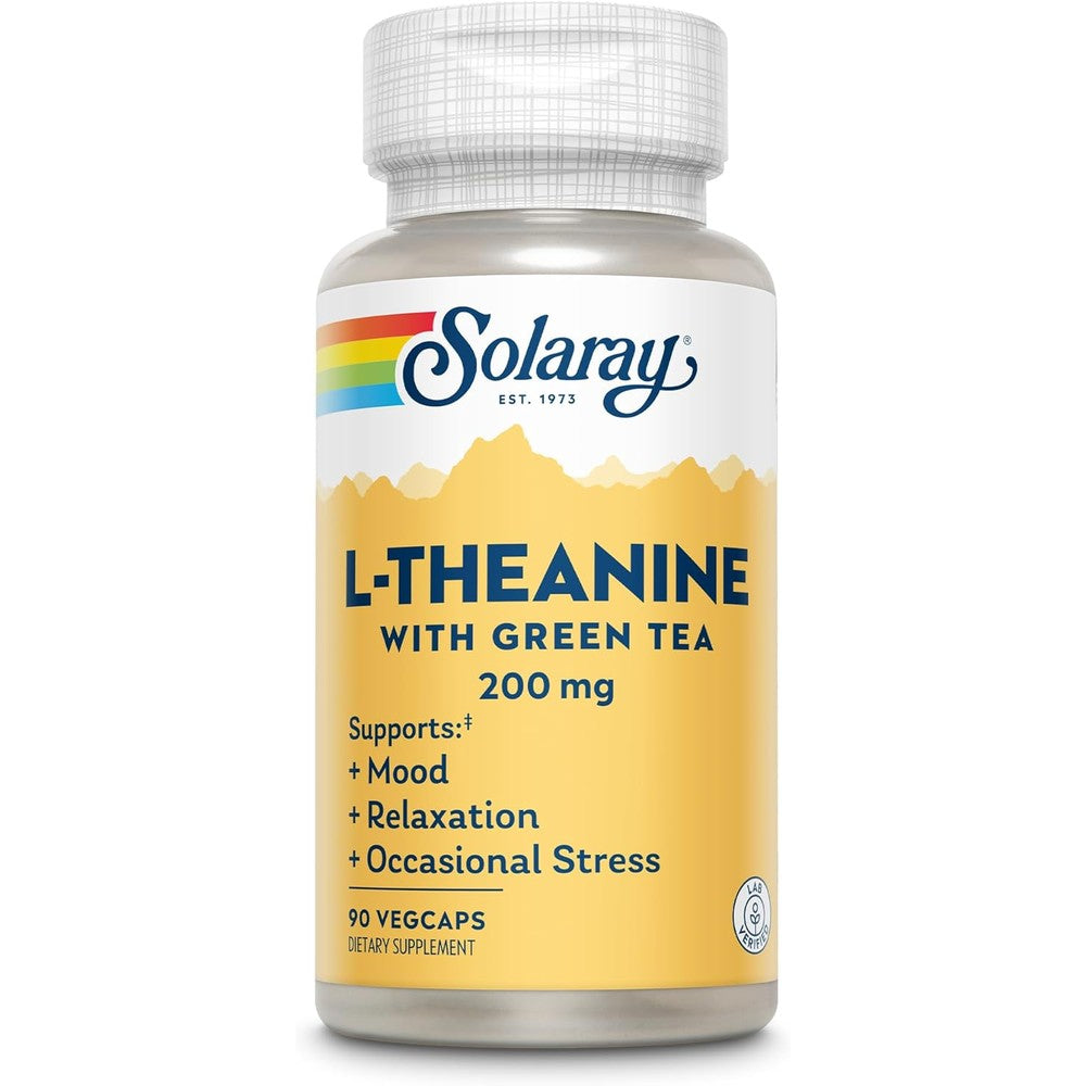 SOLARAY L-Theanine 200mg with Green Tea - Healthy Mood, Relaxation and Occasional Stress Support - Lab Verified, Vegan, Gluten Free - 90 Servings, 90 VegCaps