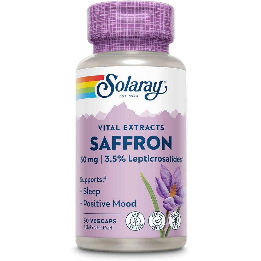 SOLARAY Saffron Extract - Sleep and Positive Mood Support - Vegan and Gluten Free Saffron Supplements - Lab Verified - 60-Day Guarantee - 30 Servings, 30 VegCaps
