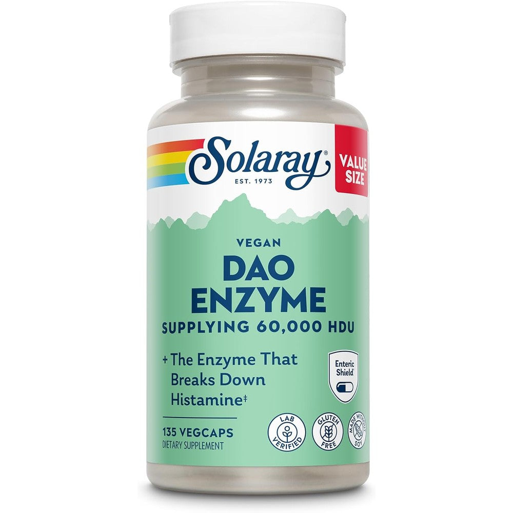 SOLARAY DAO Enzyme - Digestive Enzyme that Breaks Down Histamine - 60,000 HDU - Digestive Enzymes - Vegan, Gluten Free, Lab Verified - 135 Servings, 135 VegCaps