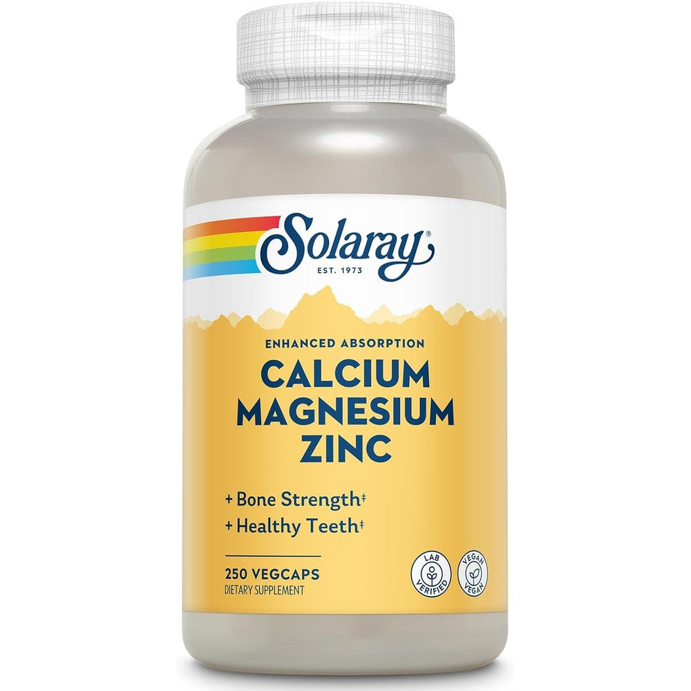 SOLARAY Calcium Magnesium Zinc Supplement - with Calcium 1000mg, Magnesium 500mg - Bone Health, Muscle Function, Heart Health and Immune Support - Vegan, 60 Day Guarantee, 62 Servings, 250 VegCaps