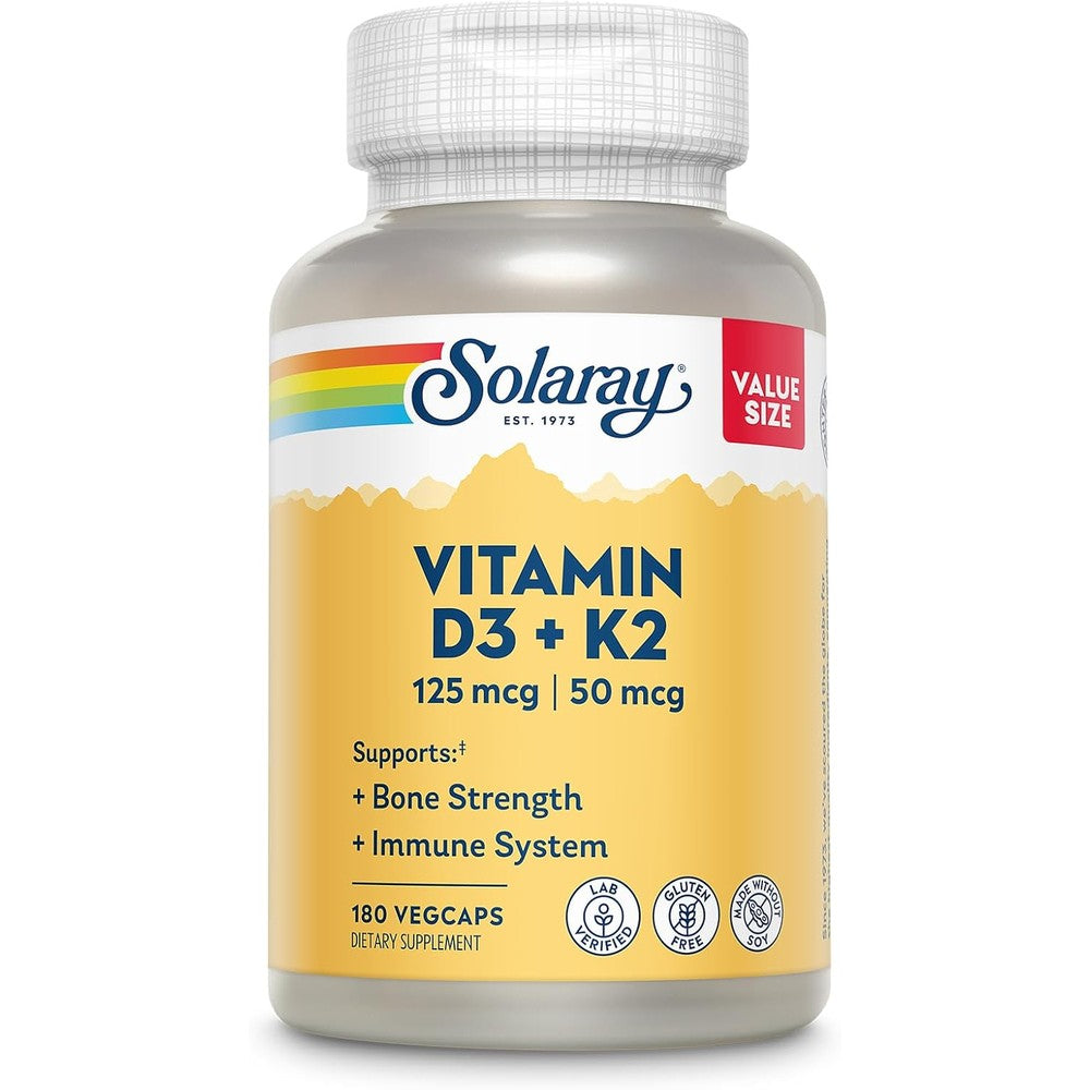 SOLARAY Vitamin D3 K2 - Bone Health and Immune Support Supplement - With 5000 IU Vitamin D as Vit D3 and 50 mcg Vitamin K2 as Menoquinone MK7, Made Without Soy, 60-Day Guarantee, 180 Serv, 180 VegCaps