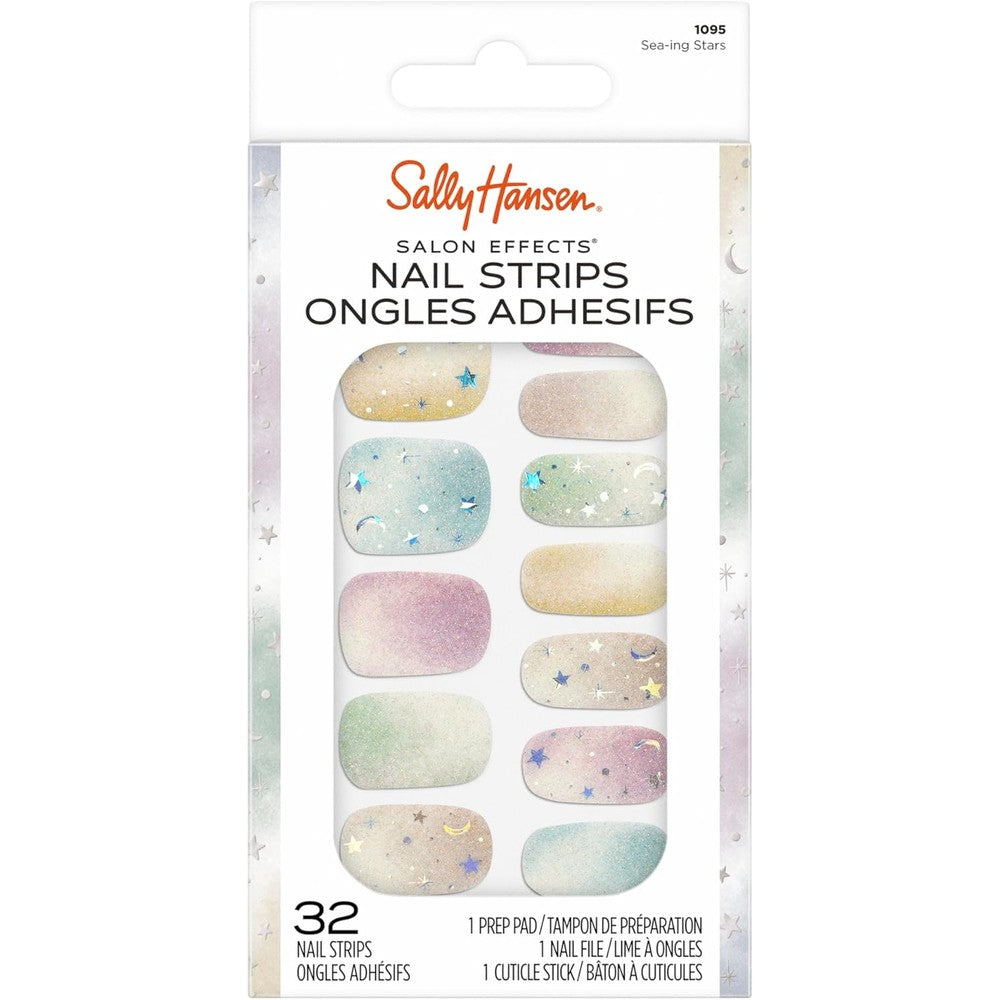 Sally Hansen Salon Effects Nail Strips | No UV Light Needed, No Dry Time, Long-Lasting, Non-Damaging | 32 Nail Strips, 1 Cuticle Stick, Nail File, Prep Pad | Sea-ing Stars