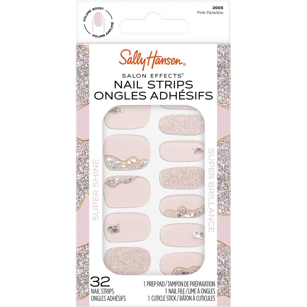 Sally Hansen Salon Effects Nail Strips | No UV Light Needed, No Dry Time, Long-Lasting, Non-Damaging | 32 Nail Strips, 1 Cuticle Stick, Nail File, Prep Pad | Pink Paradise