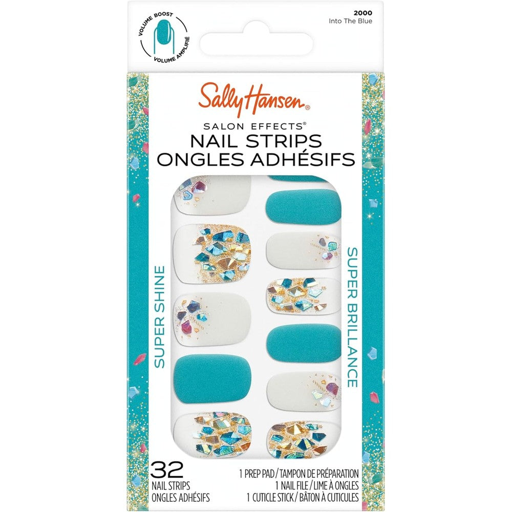 Sally Hansen Salon Effects Nail Strips | No UV Light Needed, No Dry Time, Long-Lasting, Non-Damaging | 32 Nail Strips, 1 Cuticle Stick, Nail File, Prep Pad | Into The Blue