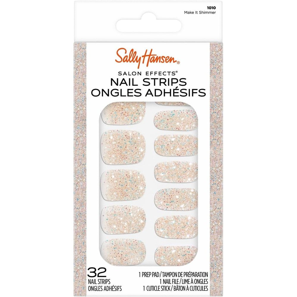 Sally Hansen Salon Effects Nail Strips | No UV Light Needed, No Dry Time, Long-Lasting, Non-Damaging | 32 Nail Strips, 1 Cuticle Stick, Nail File, Prep Pad | Make it Shimmer