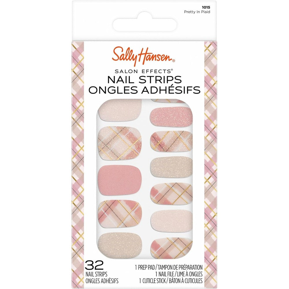 Sally Hansen Salon Effects Nail Strips | No UV Light Needed, No Dry Time, Long-Lasting, Non-Damaging | 32 Nail Strips, 1 Cuticle Stick, Nail File, Prep Pad | Pretty in Plaid