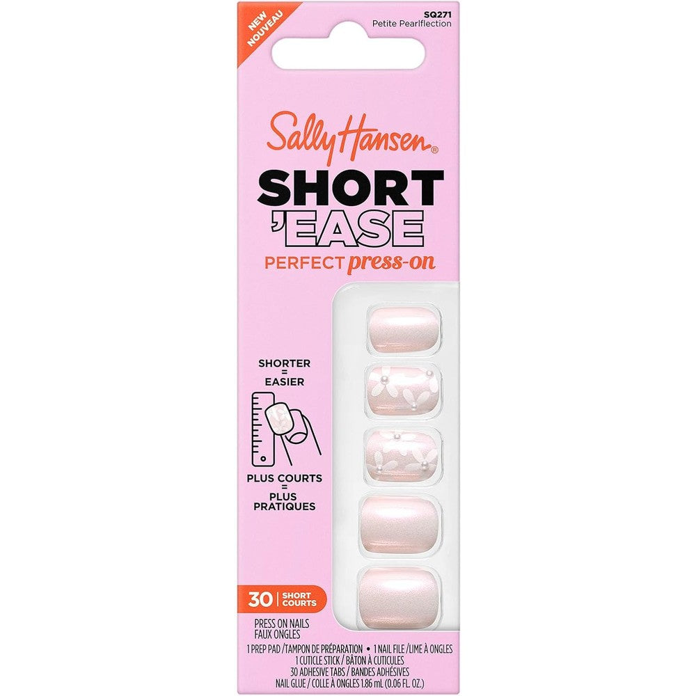Sally Hansen Salon Effects Perfect Press-On Short'Ease Nails | Square Shape | Easy to Apply, Non-Damaging, Natural Look Vitamin E & B5 | 30 Nails, Nail Glue, Adhesive Tabs, File| Petite Pearlflection