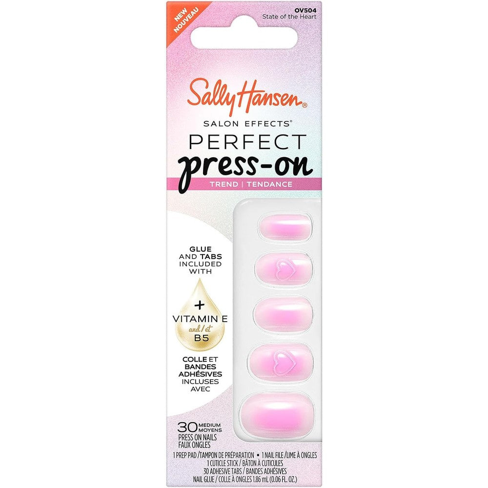 Sally Hansen Salon Effects Perfect Press-On Pink Nails | Oval Shape, 3D Design | Easy to Apply, Non-Damaging, Vitamin E & B5 | 30 Nails, Nail Glue, Adhesive Tabs, File| State of the Heart