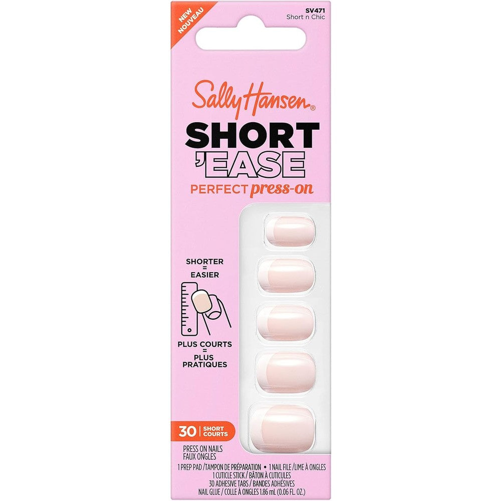 Sally Hansen Salon Effects Perfect Press-On Short'Ease Nails | Squoval Shape | Easy to Apply, Non-Damaging, Natural Look Vitamin E & B5 | 30 Nails, Nail Glue, Adhesive Tabs, File| Short N' Chic