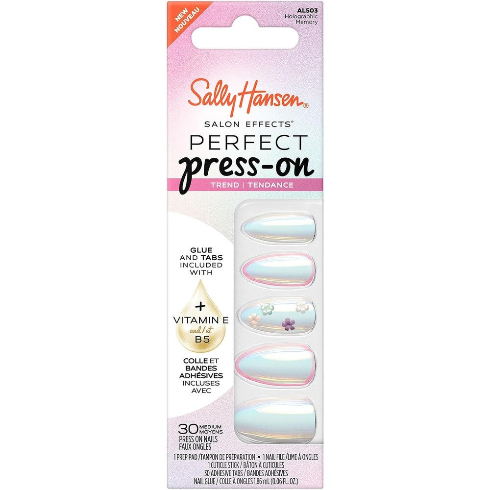 Sally Hansen Salon Effects Perfect Press-On Pink Nails | Almond Shape, 3D Design | Easy to Apply, Non-Damaging, Vitamin E & B5 | 30 Nails, Nail Glue, Adhesive Tabs, File| Holographic Memory