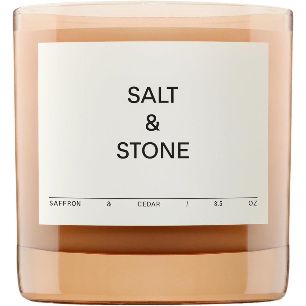 Salt And Stone Saffron And Cedar scented candle front view luxury home fragrance
