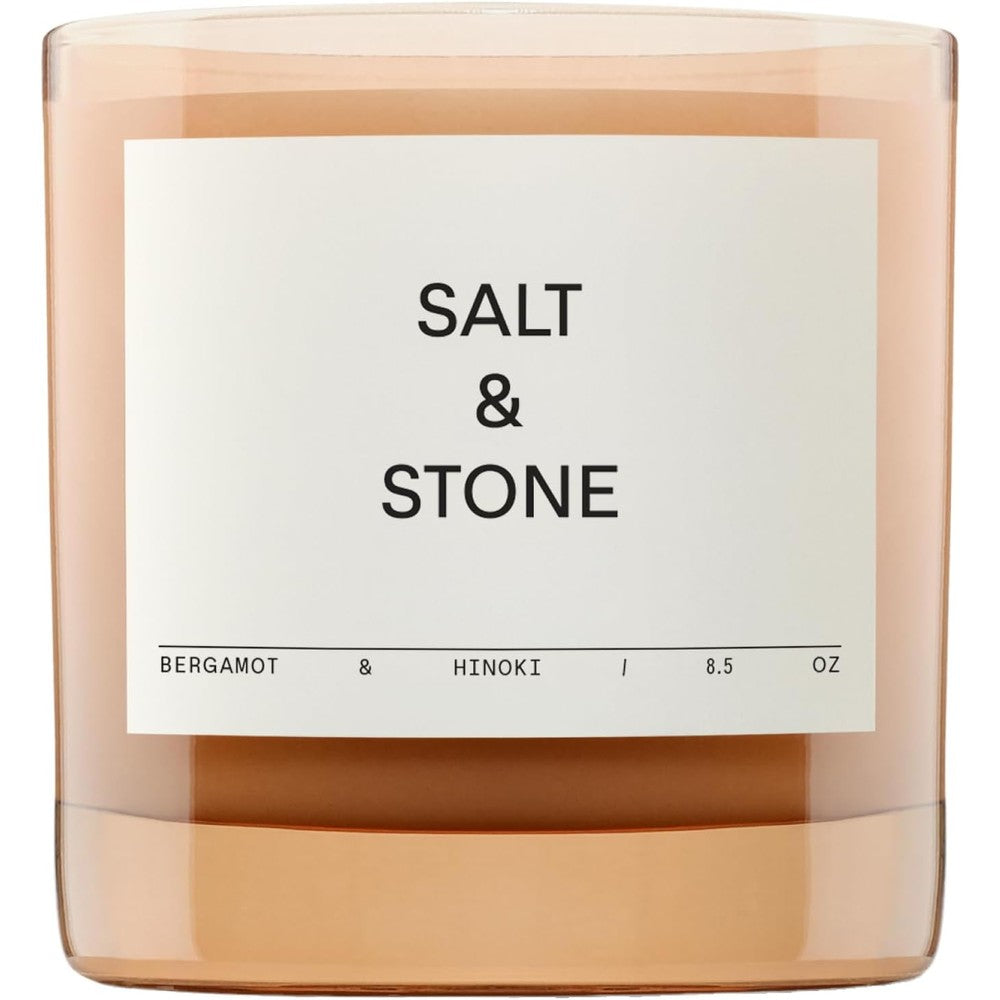 Salt And Stone Bergamot And Hinoki scented candle front view in glass jar