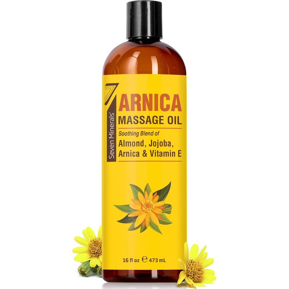 Seven Minerals Arnica Sore Muscle Massage Oil for Massage Therapy - Big 16 oz - Ideal for Professional or at-Home Body Massage. Soothing Natural Blend of Almond, Jojoba & Vitamin E