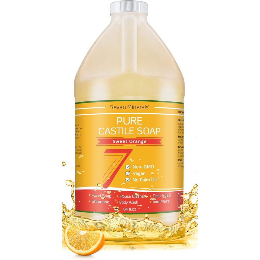 Seven Minerals Pure Castile Soap, Sweet Orange 64oz - No Palm Oil, GMO-Free - Gentle Liquid Soap For Sensitive Skin & Baby Wash - All Natural Vegan Formula with Organic Carrier Oils