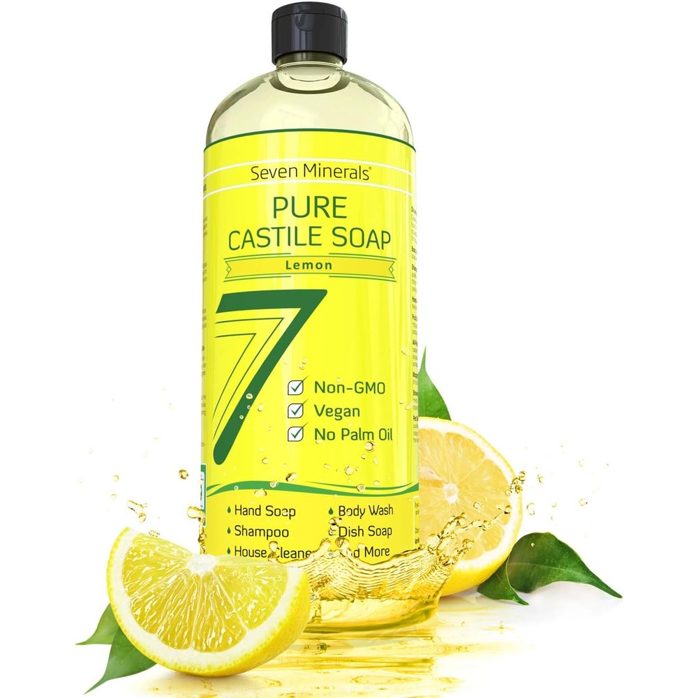 Seven Minerals Pure Castile Soap, Lemon - No Palm Oil, GMO-Free - Gentle Liquid Soap For Sensitive Skin & Baby Wash - All Natural Vegan Formula with Organic Carrier Oils (33.8 fl oz)