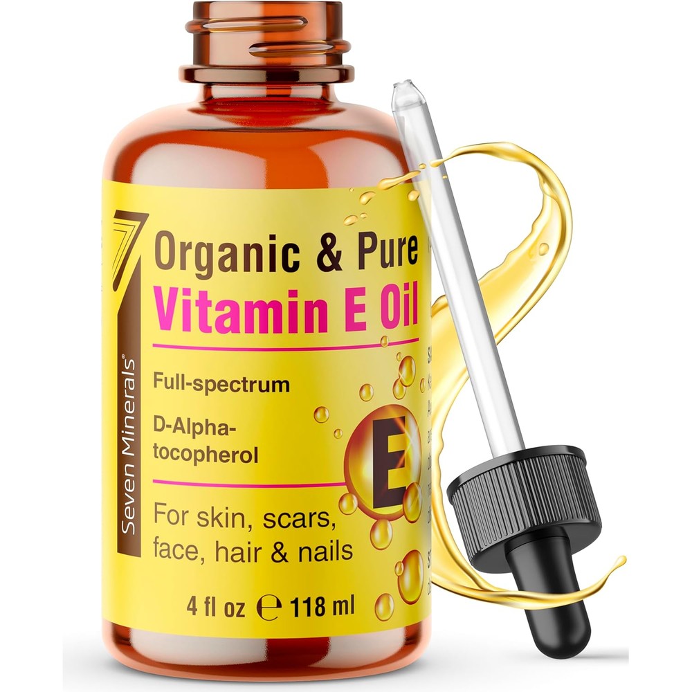 Seven Minerals Ultra Pure Vitamin E Oil - Full-Spectrum D-Alpha Tocopherol per 4 Oz Bottle - 100% Organic Vitamin E Oil for Skin, Face, Hair and Scars - Naturally Occurring=Not Synthetic.