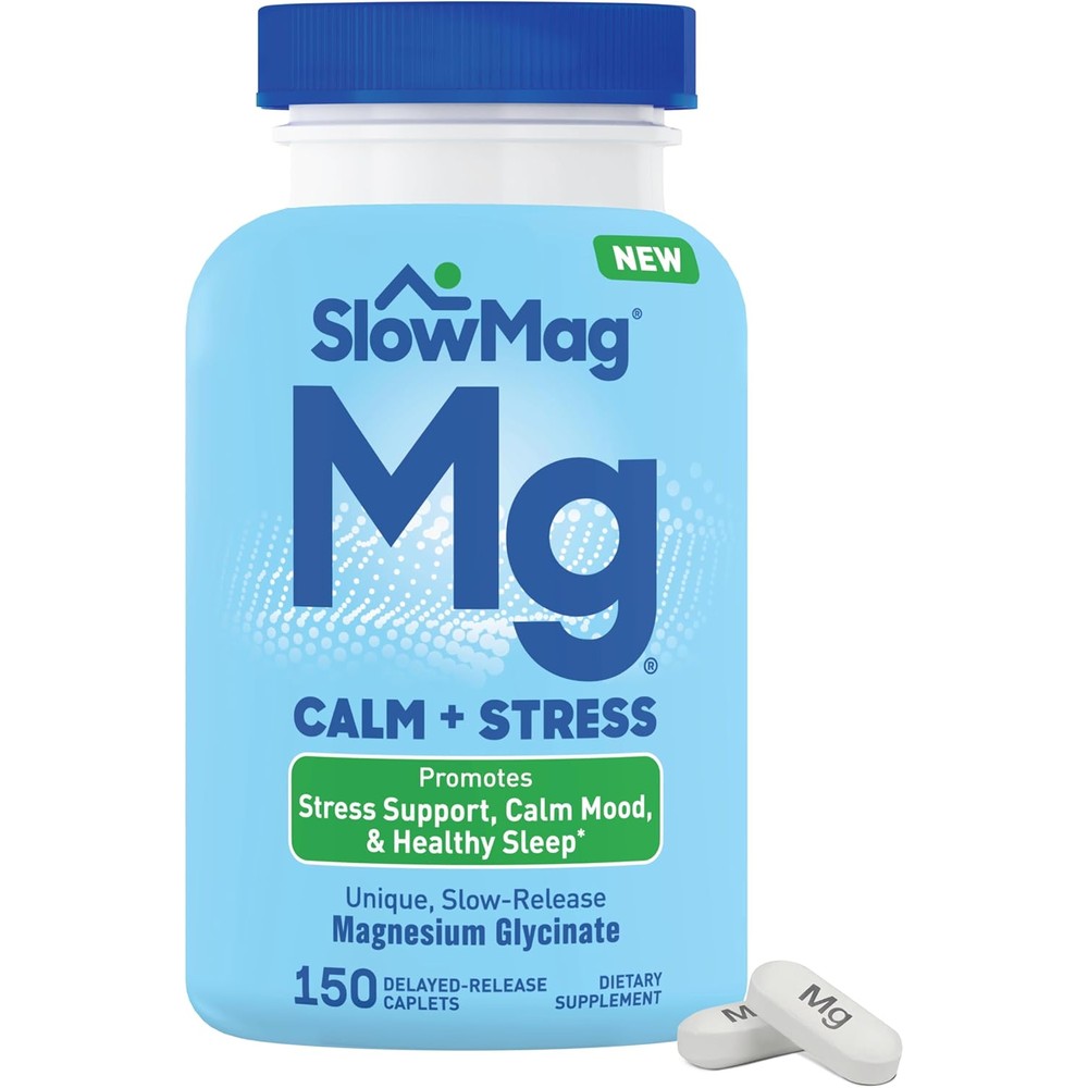 SlowMag Magnesium Glycinate Caplets, 150 Count, Slow-Release, Calm & Stress Support, Healthy Sleep, Gentle on Stomach, Magnesium Glycinate Supplements for Women & Men