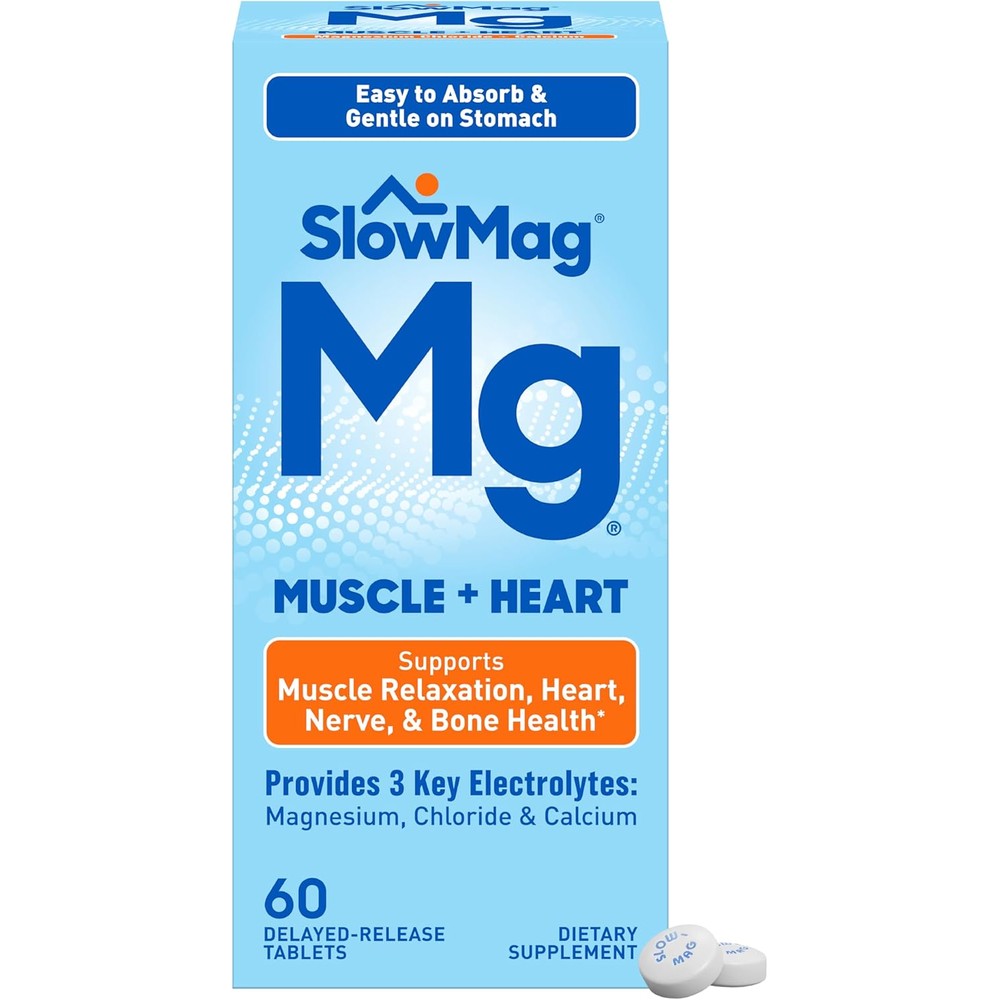 SlowMag Muscle & Heart Magnesium Chloride Supplement with Calcium, 60 Count, Supports Muscle Relaxation, Heart, Nerve & Bone Health, High Absorption