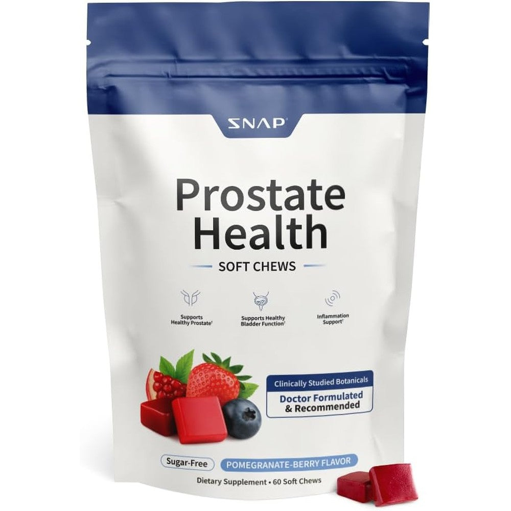 Snap Supplements Prostate Health Supplement for Men with Plant Sterols, Nettle Root & Reishi Mushroom - Supports Prostate and Urinary Wellness, 60 Sugar Free Soft Chews, Pomegranate-Berry