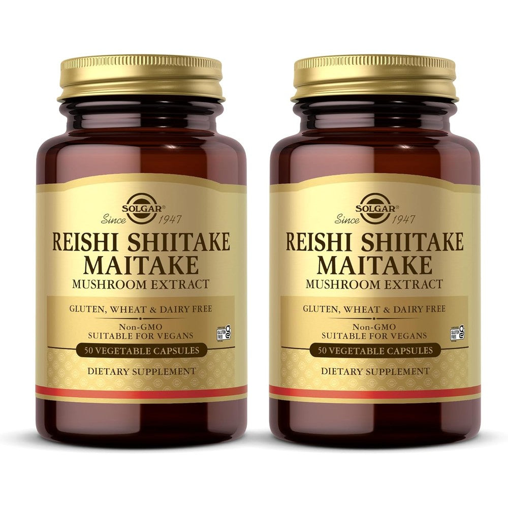 Solgar Reishi Shiitake Maitake front view mushroom extract bottle