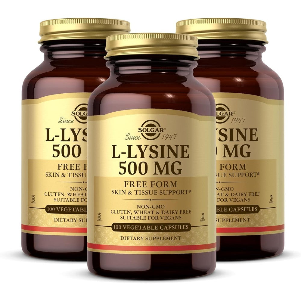 Solgar L-Lysine 500mg vegetable capsules front view packaging bottle