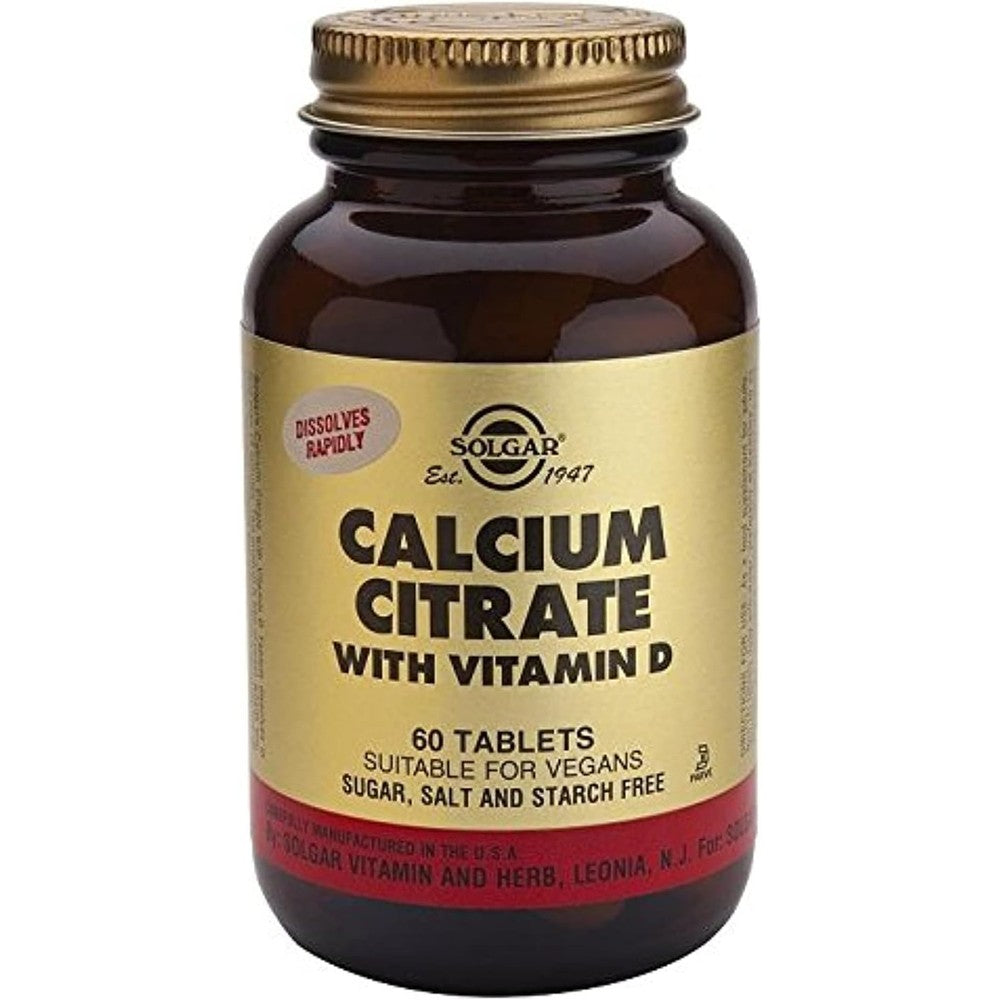 Solgar Calcium Citrate with Vitamin D3 front view bottle packaging