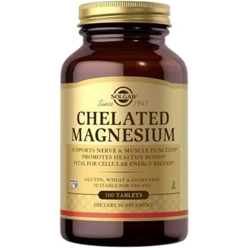 Solgar Chelated Magnesium tablets bottle front view dietary supplement