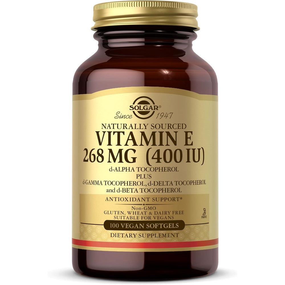 Solgar Vitamin E 268 mg 400 IU vegan softgels front bottle view