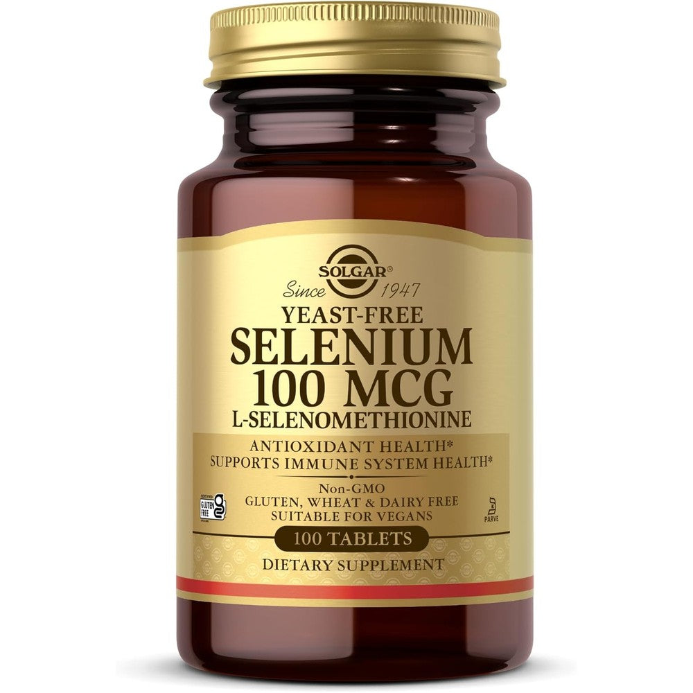 Solgar yeast free selenium 100 mcg tablets front view bottle packaging