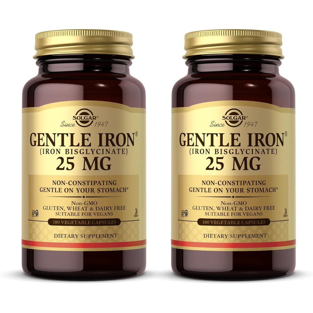 Solgar gentle iron 25 mg vegetable capsules front view bottle packaging