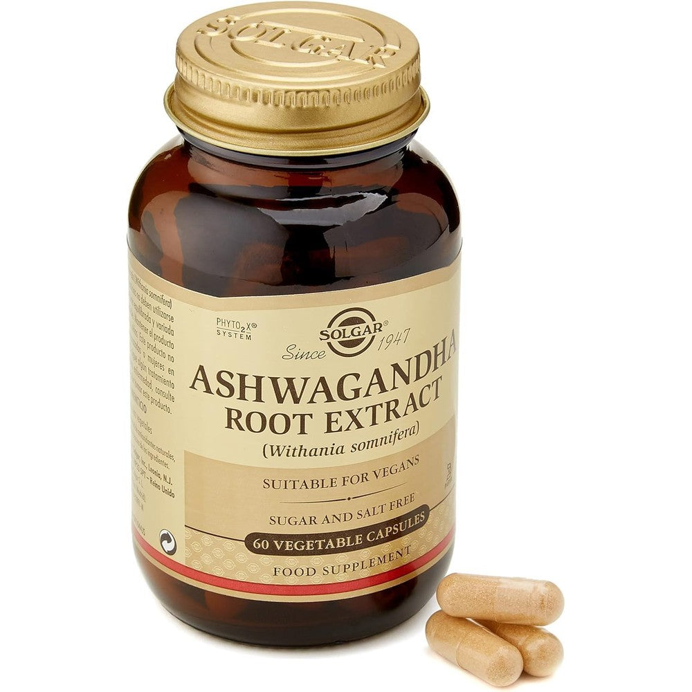 Solgar ashwagandha root extract 60 vegetable capsules front view stress relief supplement