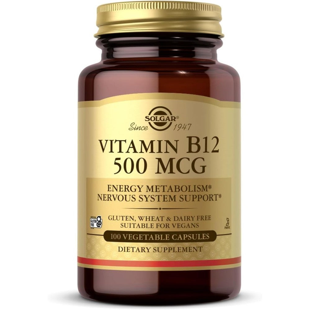 Solgar Vitamin B12 500mcg vegetable capsules front view bottle container