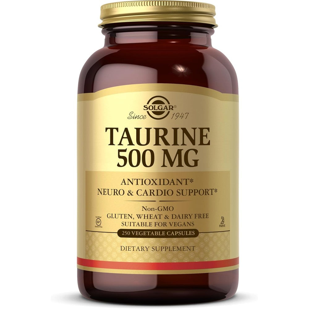 Solgar taurine 500 mg 250 vegetable capsules front view packaging