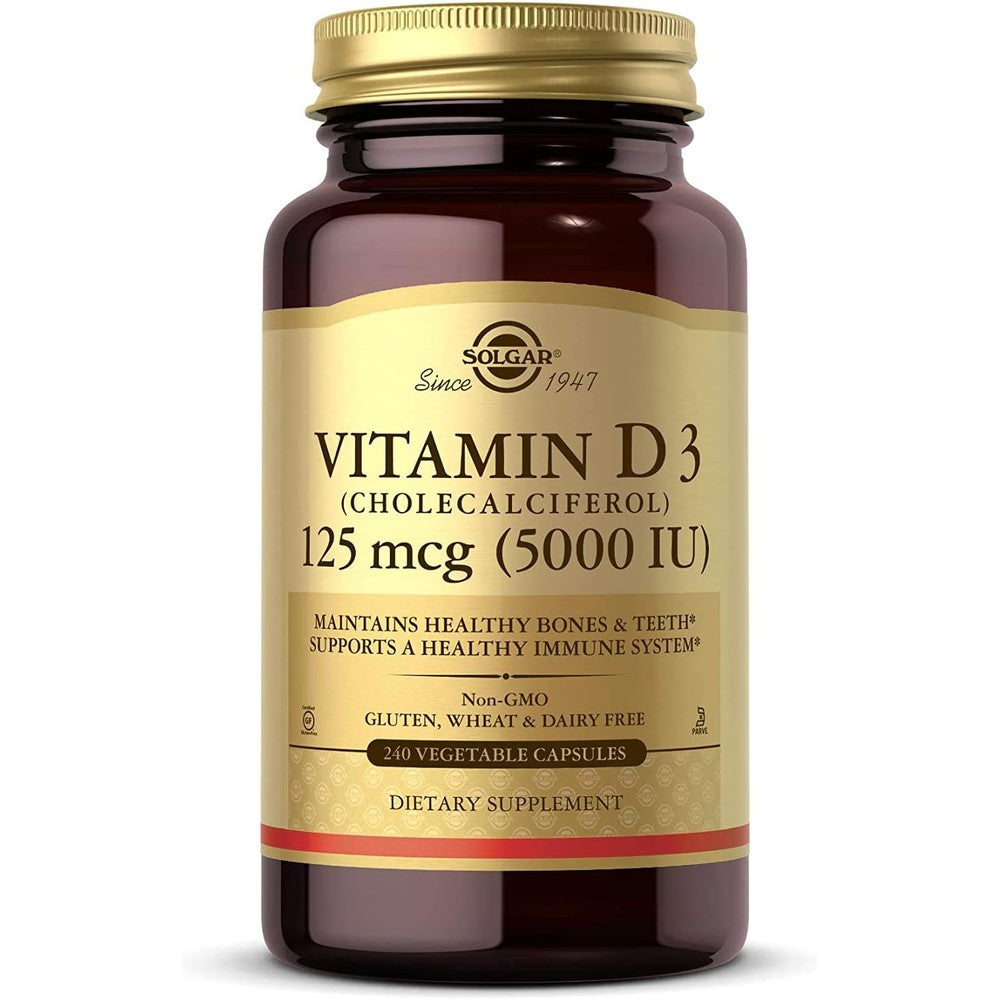 Solgar Vitamin D3 (Cholecalciferol) 125 mcg (5000 IU), 240 Vegetable Capsules - Helps Maintain Healthy Bones & Teeth - Immune System Support - Non-GMO, Gluten Free - 240 Total Servings