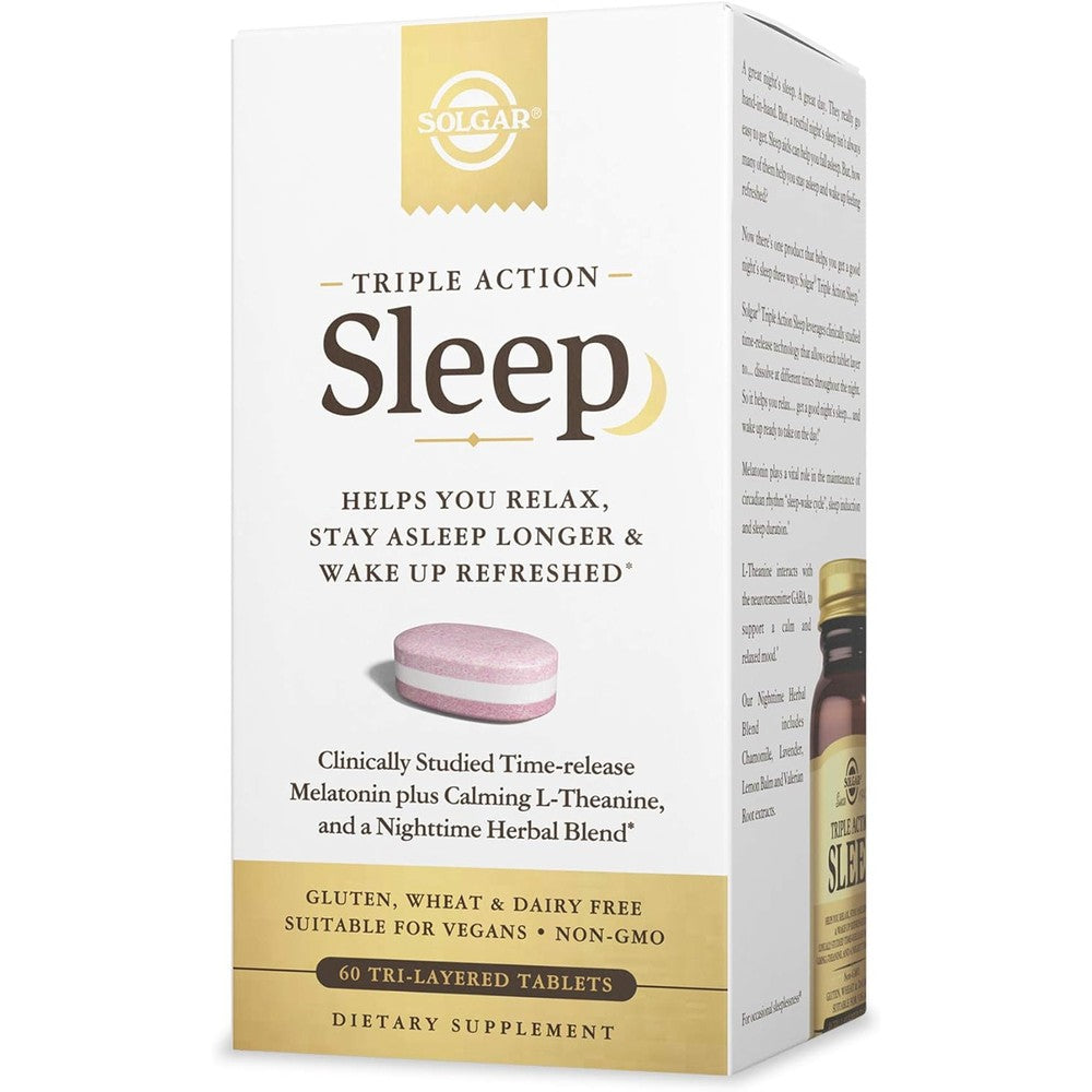 Solgar Triple Action Sleep 60 Tri-Layer Tablets front view bottle