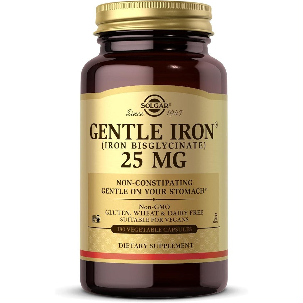 Solgar Gentle Iron 25 mg 180 vegetable capsules front view bottle packaging
