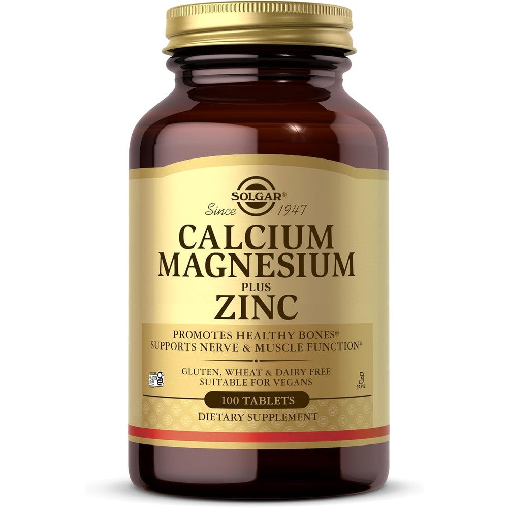 Solgar Calcium Magnesium Plus Zinc tablets front view supplement bottle